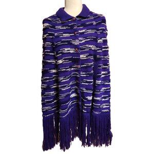 Vintage Womens One Size (OS) Crocheted Poncho Purple Stripe Fringe Boho Festival